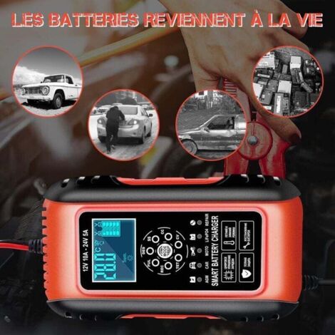 Chargeur Batterie Voiture Intelligent 10A 12V/24V LiFePO4 – Écran LCD, AGM, Gel, Lithium