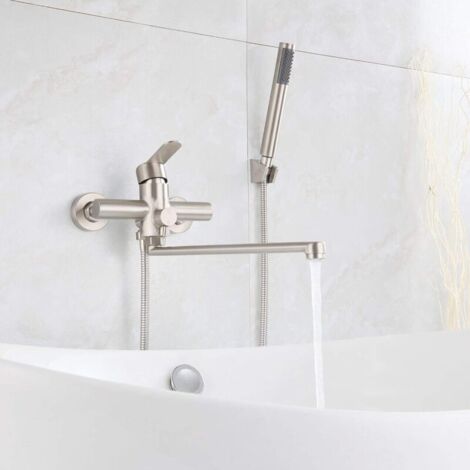 Robinet de Baignoire avec Douchette Mitigeur de Douche à Main Ronde Monocommande Mural en acier inoxydable brossé robinet de douche pour Salle de Bains( Longueur de Sortie : 35 Cm),-- (1/5)