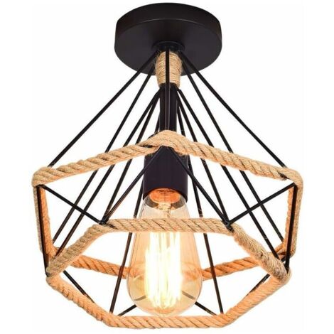 Lampe de Plafond rétro vintage Plafonnier Industrielle Cage en forme Diamant en Métal avec corde de chanvre Fer Lustre Suspension Luminaire pour Salon Salle Chambre Décorer Maison,25cm - RWSuspension (1/5)