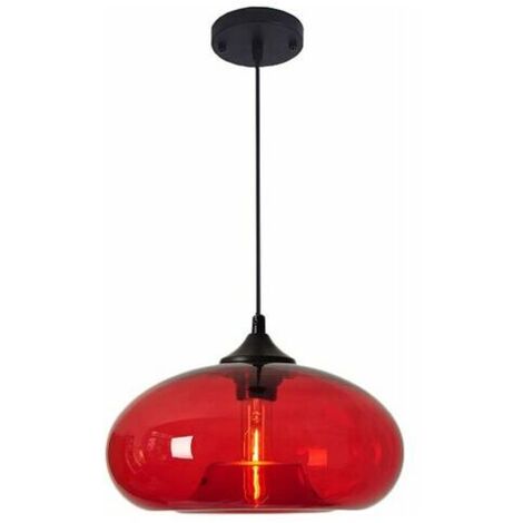Suspension Industrielle Vintage Ronde en Verre Coloré, Lampe Suspendue au Plafond Retro Loft Bar E27, Lustre Pour Cuisine Salle À Manger Chambre (Rouge) [Classe énergétique A+] - RWSuspension (1/5)