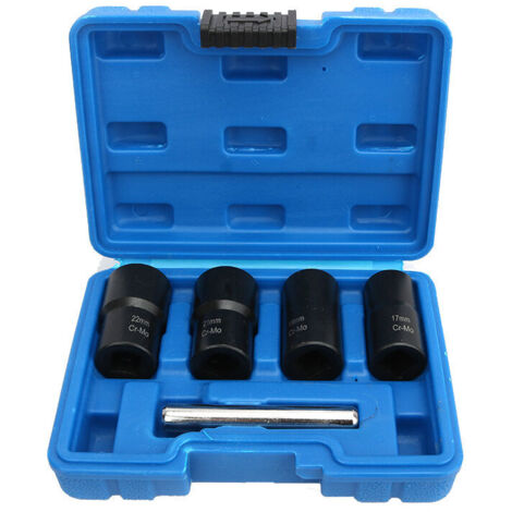 Lot de 5 clés à douille torsadées pour enlever les boulons 1/2" endommagés pour enlever les contre-écrous de 17 mm, 19 mm, 21 mm et 22 mm - RW (1/5)