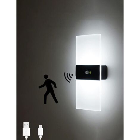 Applique murale à capteur LED, chargement USB, sans fil, veilleuse sans fil avec détecteur de mouvement s'allume/s'éteint automatiquement, pour chambre à coucher, salon, noir, 6000K - RWLampe de cheve (1/5)