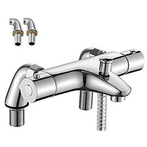Mitigeur Thermostatique Baignoire, Robinet Thermostatique Bain Douche avec Bouton de Sécurisé à 38°C, Robinets de douche Thermostatique pour Baignoire, Laiton, Anti-brûlure (1/5)