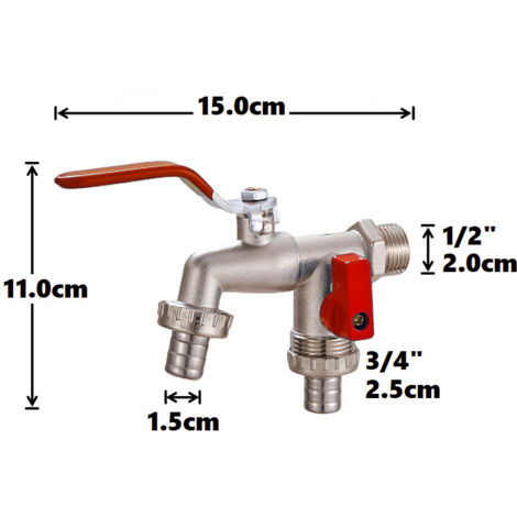 Robinet pour tuyau d'irrigation, robinet à double vanne en alliage de zinc, becs de 1/2 pouce et 3/4 pouce, avec entrée de tuyau de 3/4 pouce. (1/5)