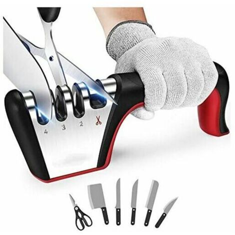 Aiguiseur Couteaux, 4 en 1 Affuteur Couteau Professionnel, eguiseur de Couteau pour Ciseaux et Couteaux de Cuisine de Différentes Tailles-Rouge