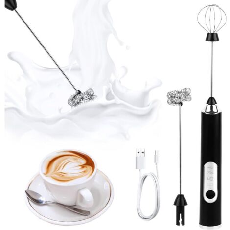 Mousseur à Lait Électrique à Piles, Mini Fouet Rechargeable USB et Mini Batteur avec Dual Fouet Tête, 3 Vitesses Réglables pour Café Crème Cappuccino Latte (1/5)