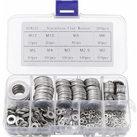 Rondelle Inox avec Boîte de Rangement (Lot de 580) - Assortiment de 9 Tailles M2, M2.5, M3, M4, M5, M6, M8, M10 & M12 - Lot de Rondelles Métal - Réparations, Usines & Décoration Intérieure (1/5)