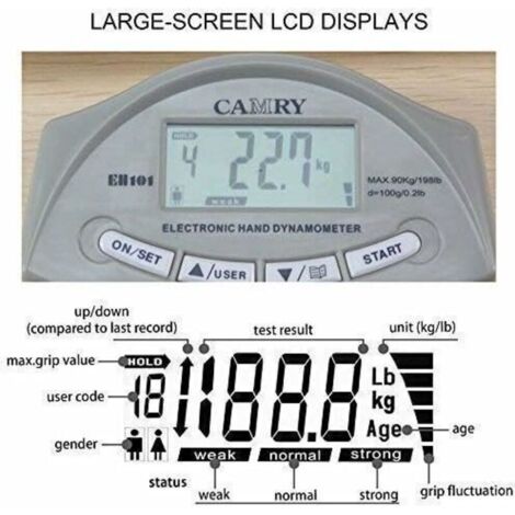 CAMRY Dynamomètre numérique à main - Mesure de la force de préhension - 90 kg - Capture automatique - Poignée électronique - Gris et blanc
