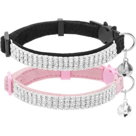 Lot de 2 colliers pour chat avec clochettes et strass - Collier réglable en velours doux pour chats et petits chiens