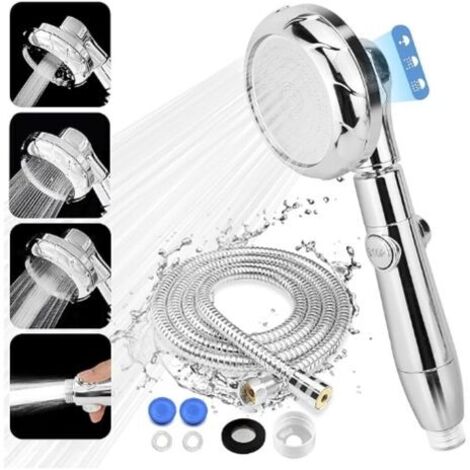 Pommeau de Douche, Pommeau Douche Economie d'eau avec Tuyau 2M, Universelle Douchette Douche Salle de Bain Haute Pression à 3 Modes, Pomme de Douche Anti Calcaire avec Bouton de l'interrupteur,Chromé (1/4)