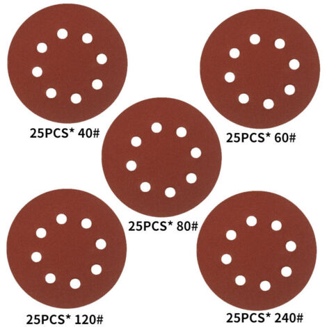 Disques de polissage de forme ronde, 5 pouces, grain 40-125, 8 trous, pour ponceuse, 125 pièces (1/5)