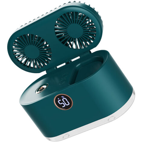 Petit ventilateur humidificateur 2 en 1, rechargeable par USB, vent fort, portable, double pales, pour bureau, chambre à coucher, vert (1/5)
