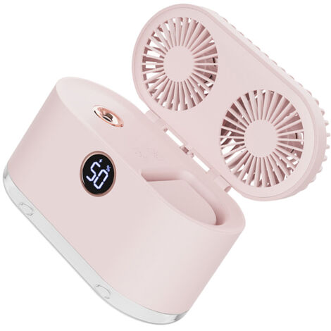 Petit ventilateur humidificateur 2 en 1, rechargeable par USB, vent fort, portable, double pales, pour bureau, chambre à coucher, rose