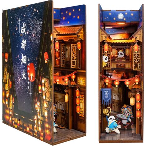 Book Nook Maquette D'assemblage en Bois Serre-Livres Bricolage Ruelle Livre Coin avec Lumière à Induction Insertions de Livres d'art Creative Bookends (Color : Chengdu Teahouse)Cadeaux de Noël pour pe