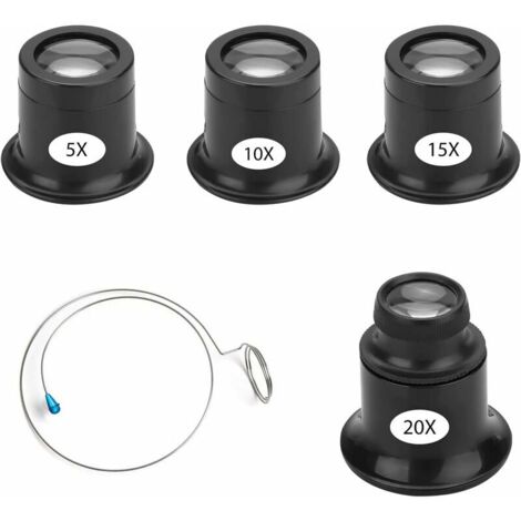 Lot de 4 Loupes de Bijoutier Loupe D'horloger 5X 10X 15X 20X Oeil Portant des Loupes Bijoutier avec Porte-Fil Montre Horloge Réparation Loupe Kits pour Bijoux Diamants Loupe de Montres-Noir (1/4)