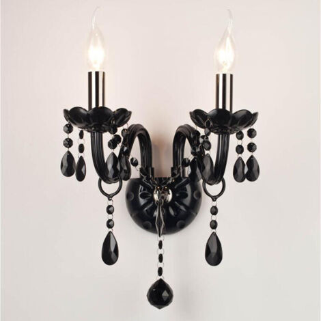 Applique murale d'intérieur classique à en nickel noir brillant métallique avec gouttes de cristal noir pour tête de lit de couloir de chambre à coucher de salon E14 (1/4)