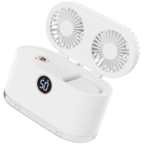 Petit ventilateur humidificateur 2 en 1, Rechargeable par USB, vent fort, Portable, Double pales, pour bureau, chambre à coucher, blanc