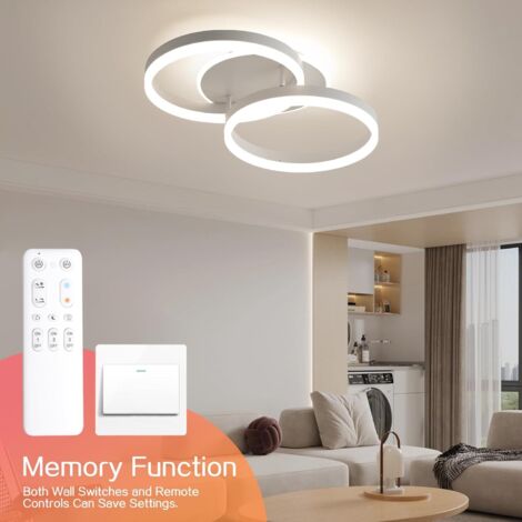Amdelne : Plafonnier LED 50cm 2 Anneaux - 36W, Télécommande, Intensité Variable, Mémoire - Métal+Acrylique, Salon/Salle à Manger