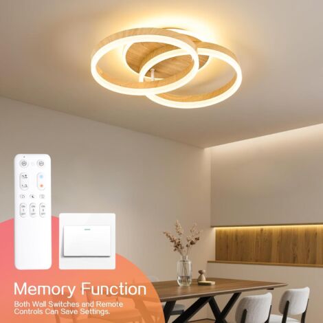 Amdelne Plafonnier LED Aspect bois 36W,2-Anneau Acryl 50cm,3000K-6500K,Télécommande,veilleuse et fonction mémoire pour Cuisine salon Chambre [Classe F]