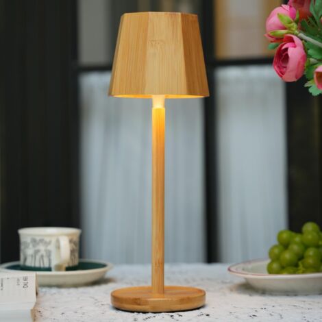 Tischlampe Kabellos Touch Bambus LED Tischleuchte Holzoptik