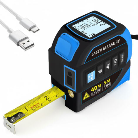 Mètre à ruban laser 4 en 1, Télémètre laser 40 m, Ruban à mesurer de 5 m, Niveau électronique à deux axes, Réticule, Rechargeable, Bleu