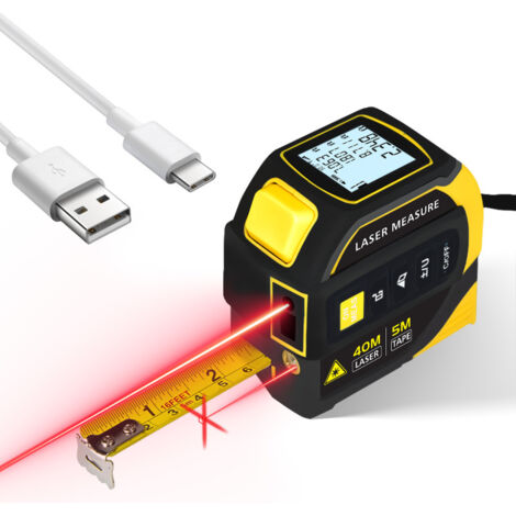 Mètre à ruban laser 4 en 1, Télémètre laser 40 m, Ruban à mesurer de 5 m, niveau électronique à deux axes, réticule, rechargeable,Jaune
