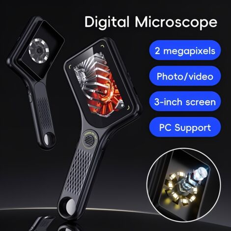 Microscope Numérique 500X Microscope Portable écran IPS 2 Loupe de Poche USB Rechargeable Mini Microscope avec 8 LED Ajustables pour Pièces Insectes Plantes, Compatible avec Mac/Windows View
