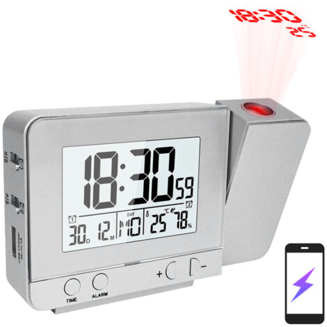Réveil à projection pour chambre avec thermomètre et hygromètre, horloge de plafond numérique, affichage LED à luminosité réglable, chargeur USB, rotation à 180°