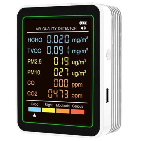 Testeur de qualité de l'air 6 en 1, mesure PM2.5, PM10, CO, TVOC, HCHO, compatible pour maison, bureau, voiture, précis, fiable, facile à utiliser