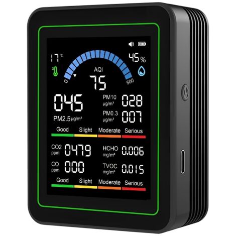 Tester d'air 10 en 1 avec écran TFT couleur 2.8 pouces, mesure PM2.5, PM10, PM0.3, HCHO, TVOC, CO₂, CO, AQI, température, humidité