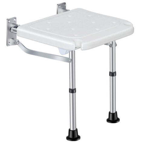 Banc de douche pliable mural, siège de bain relevable à visser, avec pieds antidérapants, idéal pour les personnes âgées et les personnes à mobilité réduite. Hauteur réglable de 42 à 53 mm. (1/5)