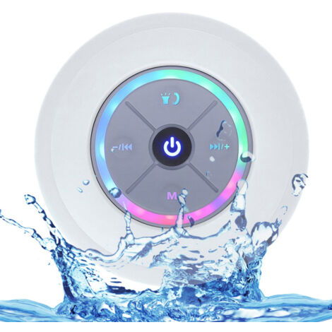 Mini enceinte de douche sans fil Bluetooth étanche IPX4, portable, avec lumière LED, radio FM, son stéréo puissant, microphone intégré, ventouse, appels mains libres, carte TF