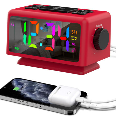 Réveil numérique coloré 7 couleurs+4 changeantes,radio réveil, écran LED 5 pouces réglable, double alarme, snooze, date/jour, radio 70 stations, double USB (1/5)