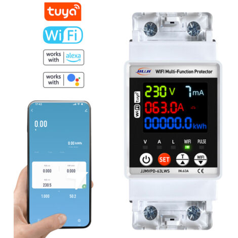 Disjoncteur intelligent monophasé Tuya WiFi à réenclenchement automatique avec affichage numérique, tension réglable, protection fuites courant et compteur d'énergie kWh