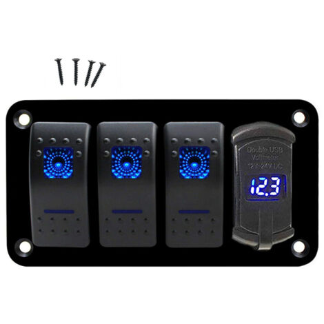 Panneau de commande à 4 interrupteurs à bascule pour bateau ou véhicule tout-terrain, étanche 12 V/24 V, avec double port de charge USB, affichage numérique du voltmètre et éclairage bleu. (1/5)