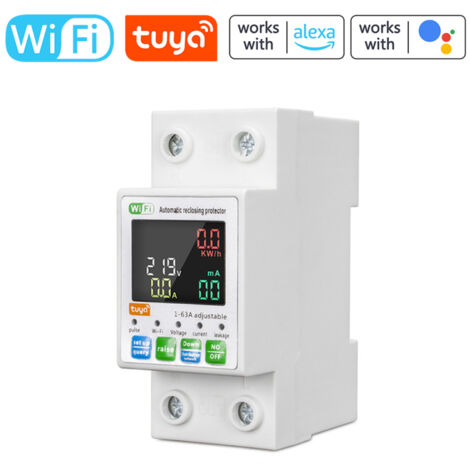 Disjoncteur intelligent WiFi Tuya, compteur d'énergie monophasé, protection auto-réenclenchement, écran LCD, surtensions/sous-tensions/fuites courant, commande application.