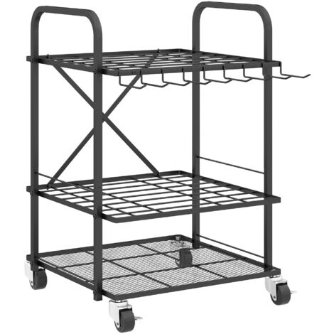 Organisateur d'outils de jardin, support à outils de jardin à 2 niveaux et 40 compartiments avec roulettes, 57 x 48 x 70 cm, noir