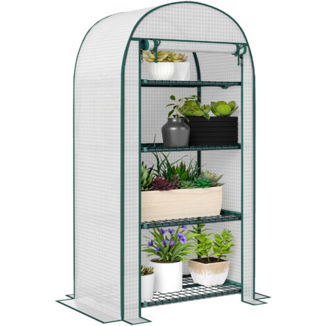 Mini serre d'extérieur à 4 niveaux, serre de jardinage portable avec étagère de rangement, porte zippée enroulable, structure métallique et bâche en PE, 80 x 49 x 160 cm, blanche (1/5)