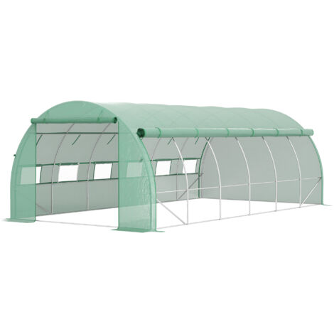 Serre tunnel de culture en polyéthylène avec parois latérales enroulables, porte zippée et 12 fenêtres, 6 x 3 x 2 m, verte (1/5)