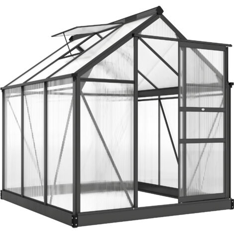 Serre en polycarbonate de 1,8 x 1,8 m, grande serre accessible à pied avec porte coulissante et fenêtre, serre de culture pour plantes de jardin avec structure et fondation en aluminium, grise (1/5)
