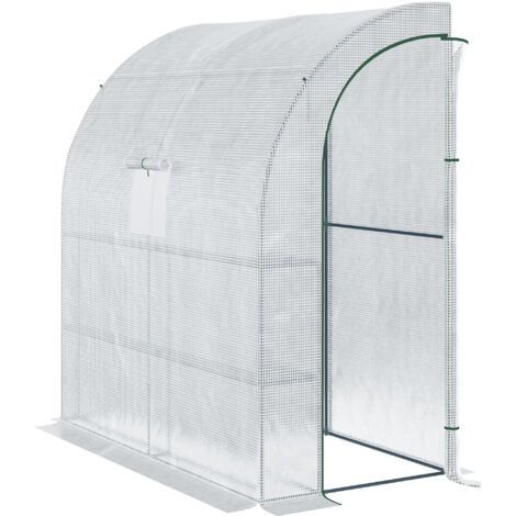 Serre adossée murale avec fenêtres et portes, serre extérieure à 3 niveaux et 4 étagères grillagées, 200 cm (L) x 100 cm (l) x 215 cm (H), blanche