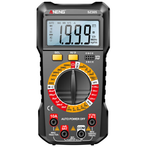 Tester de condensateur multimetre sz305, 1999 counts, mesure rapide et precise de tension, courant, resistance, capacite, frequence, diode et hfe