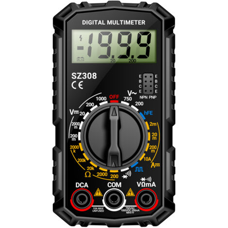 Multimètre numérique SZ308, 1999 comptes, mesure tension CA/CC, courant CC, résistance, HFE, triode, signal carré, buzzer (1/5)