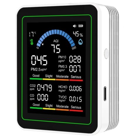 10-in-1 Air Condition Tester, 2.8-inch TFT Color Display, mesure PM2.5 PM10 PM0.3 HCHO TVOC CO₂ CO AQI Température Humidité, batterie intégrée 2000mAh