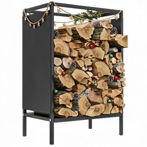 Porte de foyer pour bûches intérieures, support de chauffage au bois pour l'intérieur et l'extérieur, 44 x 28 x 65 cm, noir (1/5)