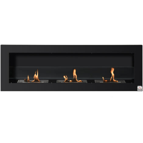 Cheminée ethanol murale encastrable 3 brûleurs, 3L, autonomie 3h, acier inox noir 120cm