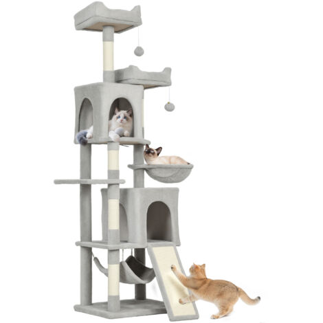 Arbre à chat, tour de jeu pour chats, 3 plateformes, 2 compartiments, 2 couchages, 2 hamacs, 1 échelle, hauteur 177 cm, gris clair (1/5)