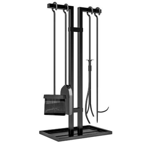Ensemble de 5 pièces pour cheminée, outils de cheminée en métal : brosse, pelle, pinces, tisonnier et support, noir.