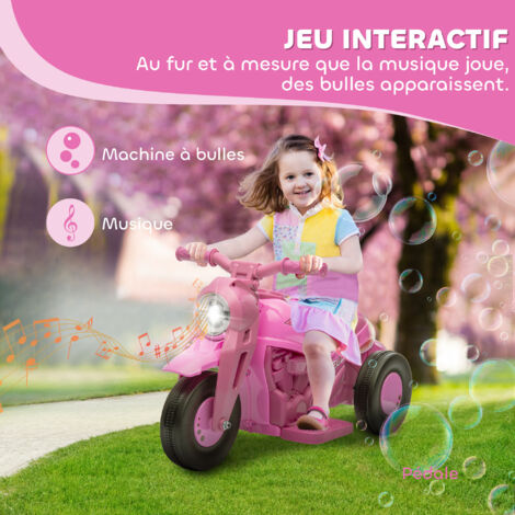 AIYAPLAY Moto électrique Enfant 3 Roues – 6V – 3 Km/h – Bulles, Lumières, Sons – Rose – Jusqu'à 30 Kg