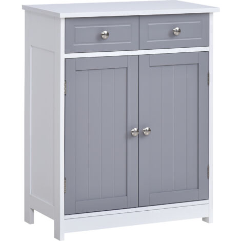 Meuble de rangement de salle de bain autoportant 75 x 60 cm avec 2 tiroirs, étagère réglable, poignées en métal, style traditionnel, gris et blanc (1/5)